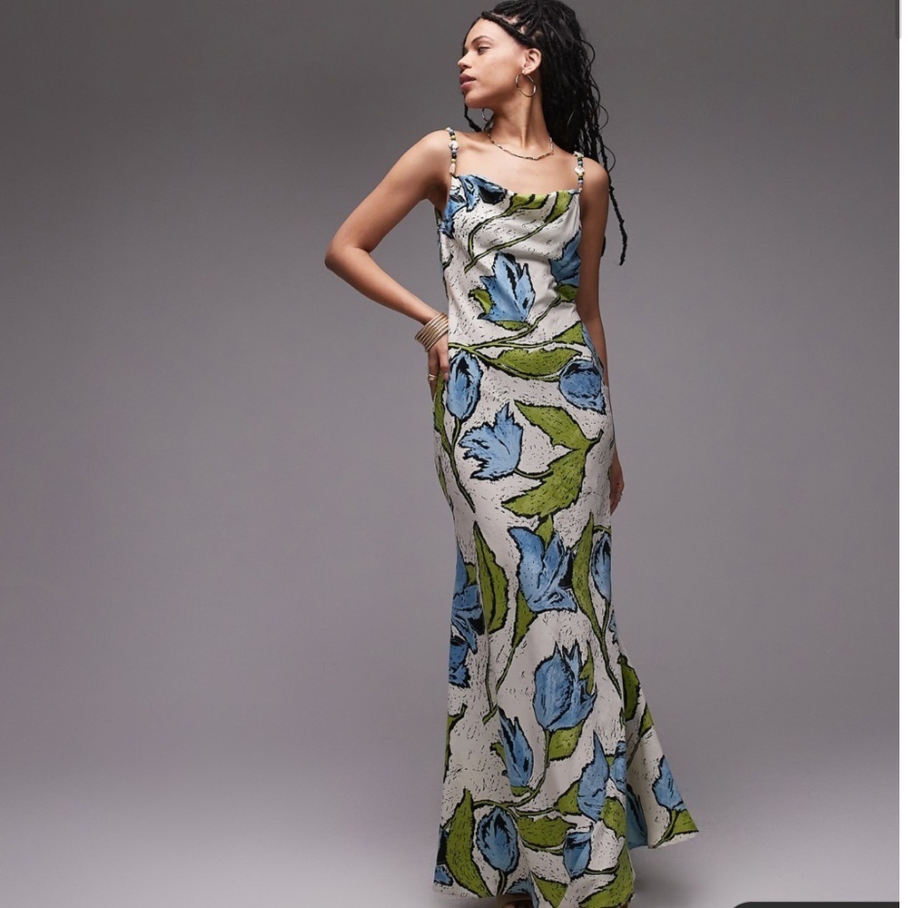 NWOT Topshop cowl neck midi slip dress with beaded straps in green blue floral - Picture 13 of 14